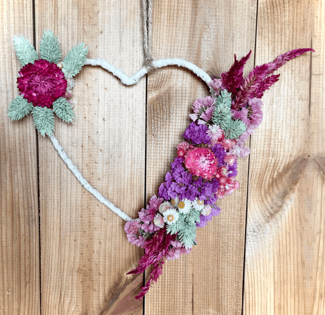 Couronne de fleurs séchées naturelles en "Coeur" 15 CM Rose Violet et Vert