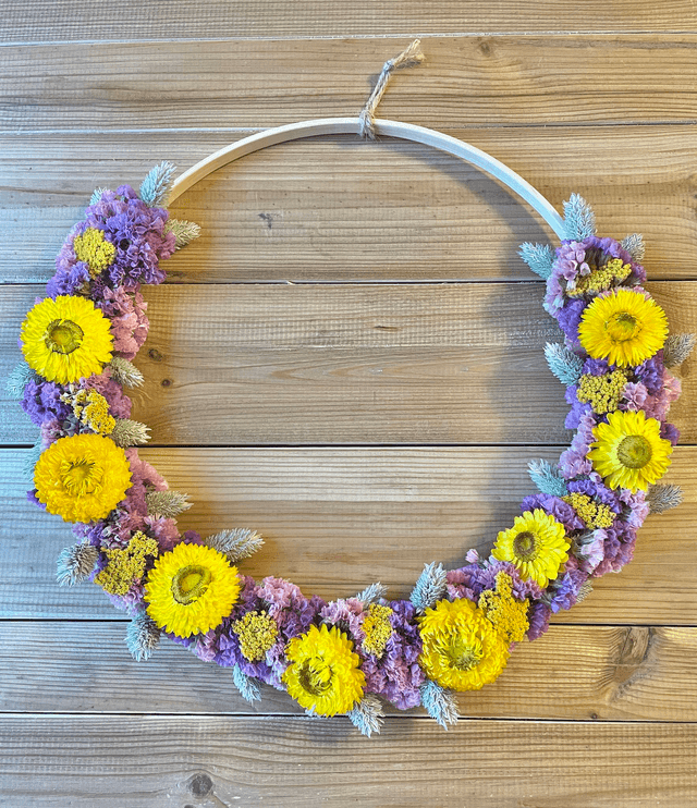 Couronne de fleurs séchées naturelles 30 CM Jaune et Mauve