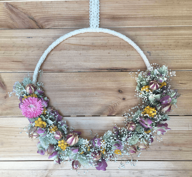 Couronne de fleurs séchées naturelles 25 CM Rose Violet et Blanc