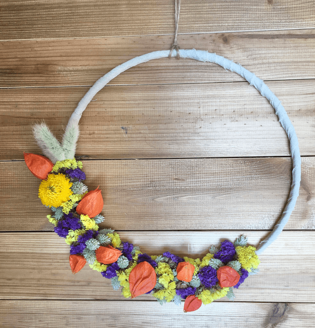 Couronne de fleurs séchées naturelles 30 CM Jaune Orange et Bleue