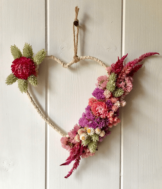 Couronne de fleurs séchées naturelles en &quot;Coeur&quot; 15 CM Rose Violet et Vert